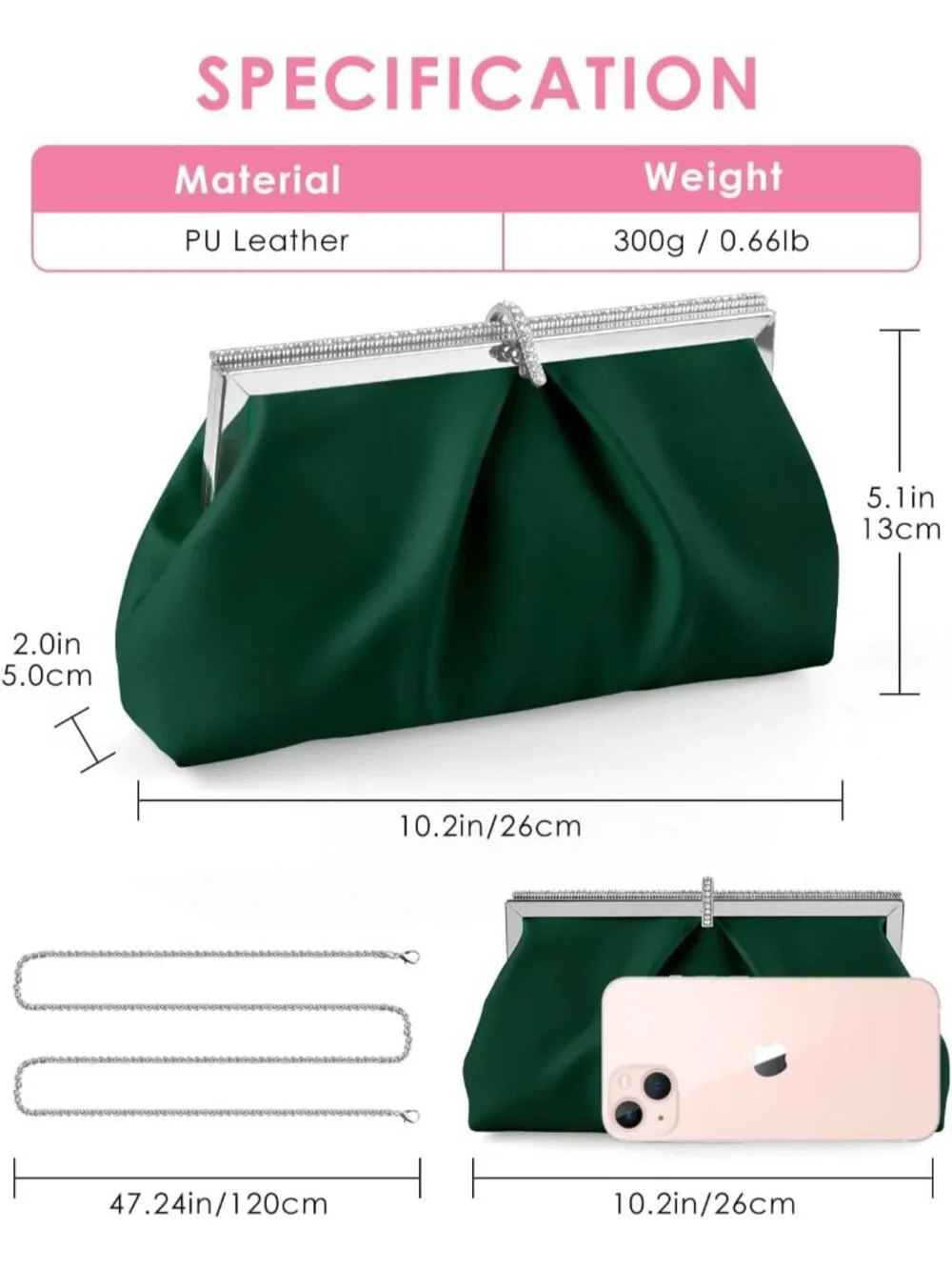 👜 Women's GreenPU Leather Formal Evening Bags Shoulder Party Cocktail Clutch